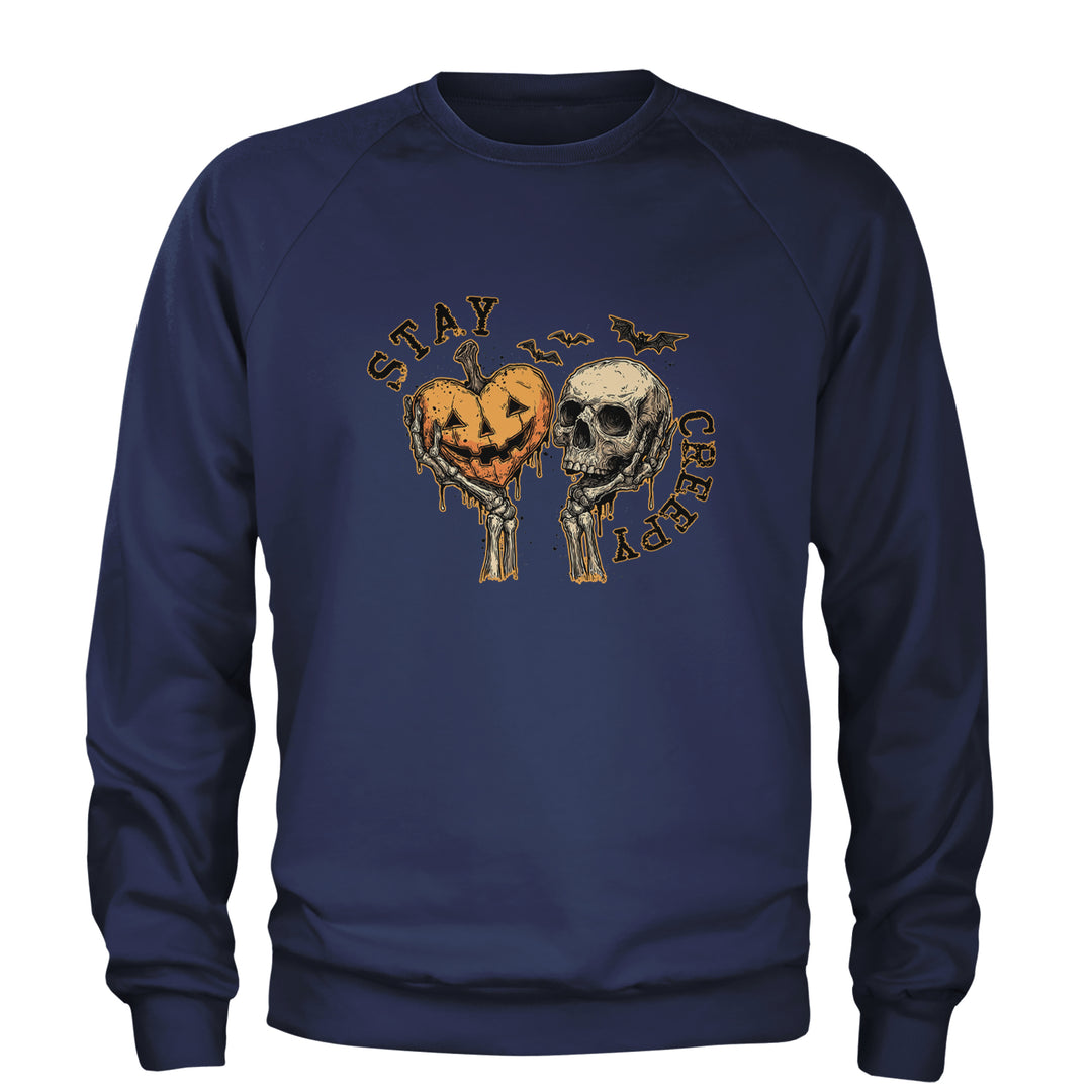 Stay Creepy Skull and Pumpkin Halloween Adult Crewneck Sweatshirt Navy Blue