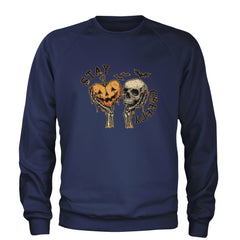 Stay Creepy Skull and Pumpkin Halloween Adult Crewneck Sweatshirt Navy Blue