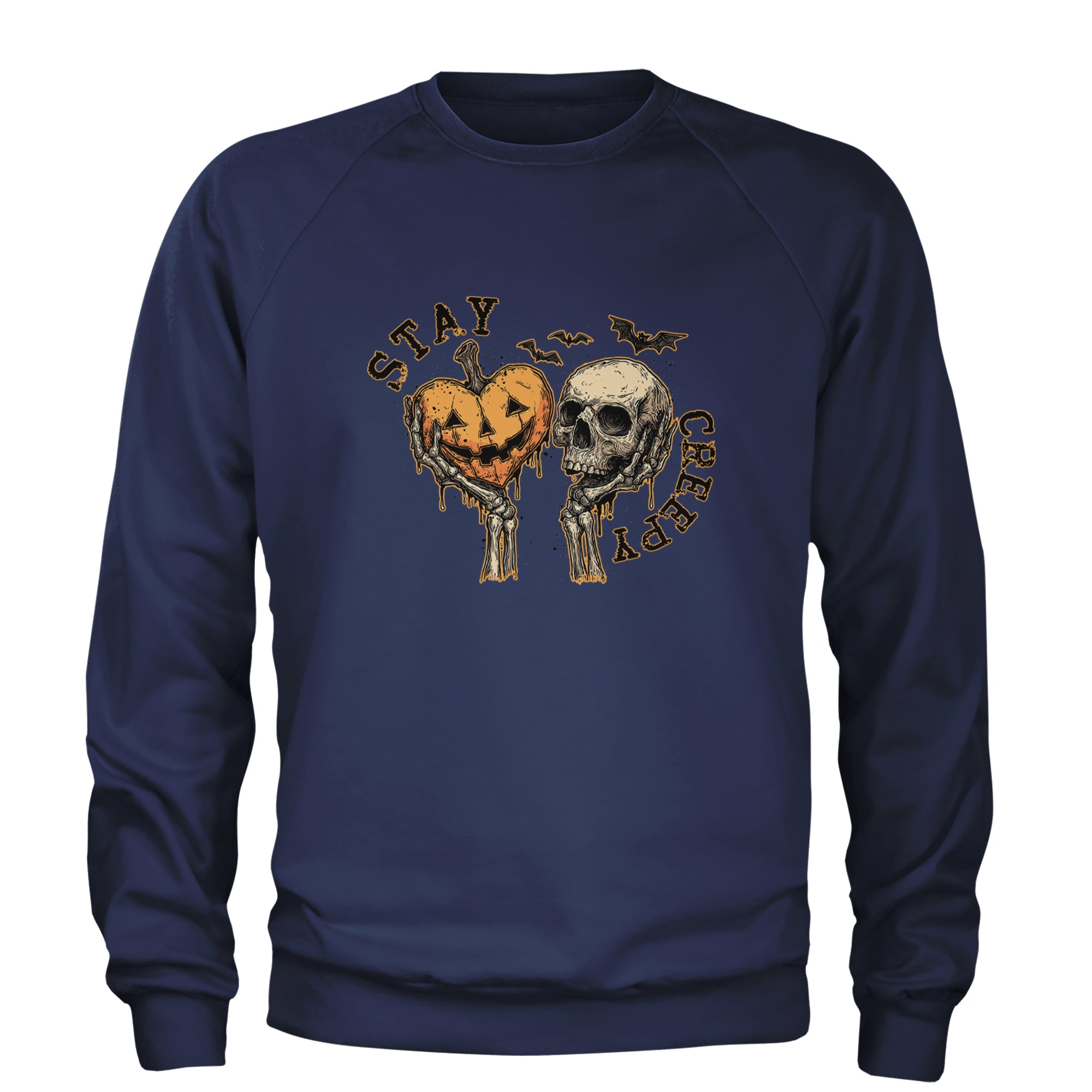 Stay Creepy Skull and Pumpkin Halloween Adult Crewneck Sweatshirt Navy Blue