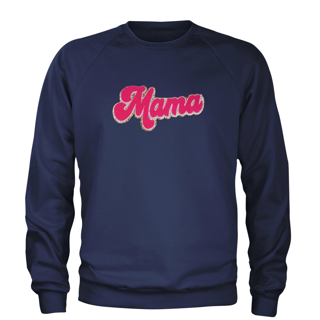 Mama Hot Pink Glitter Chenille Patch Adult Crewneck Sweatshirt Navy Blue