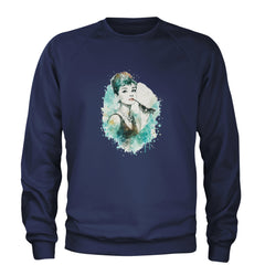 Mrs. Herpburn Iconic Watercolors Adult Crewneck Sweatshirt Navy Blue