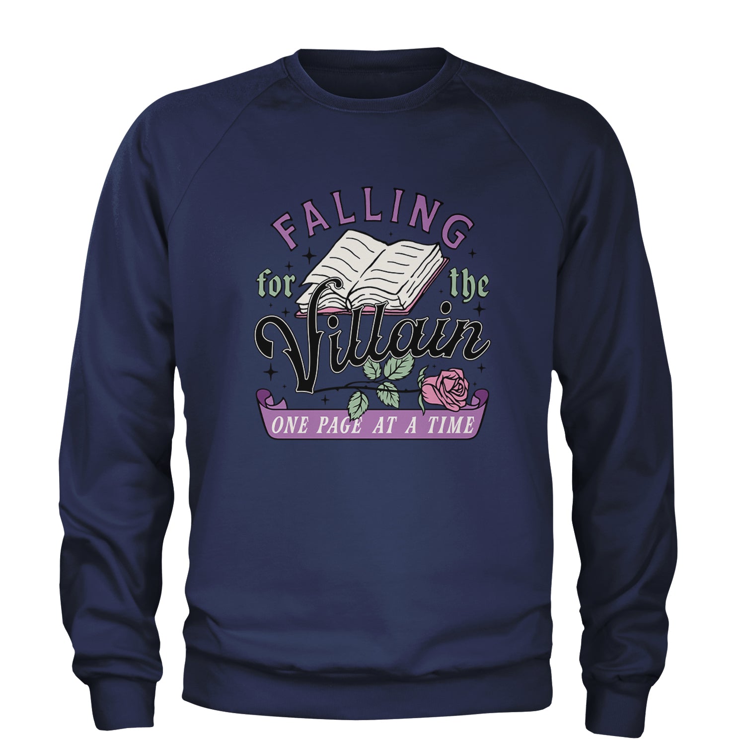 Falling For The Villain One Page At A Time Adult Crewneck Sweatshirt Navy Blue