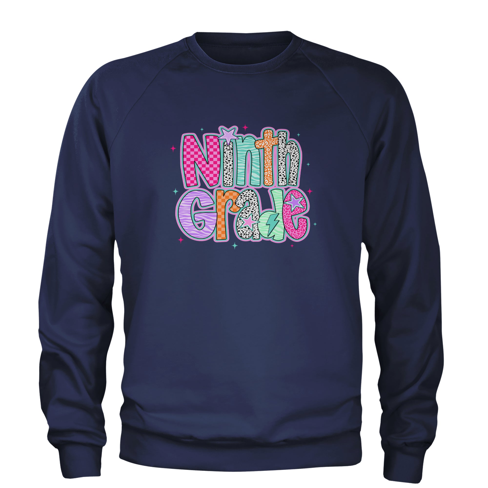Ninth Grade Freshman Vibes Colorful Back to School Adult Crewneck Sweatshirt Navy Blue