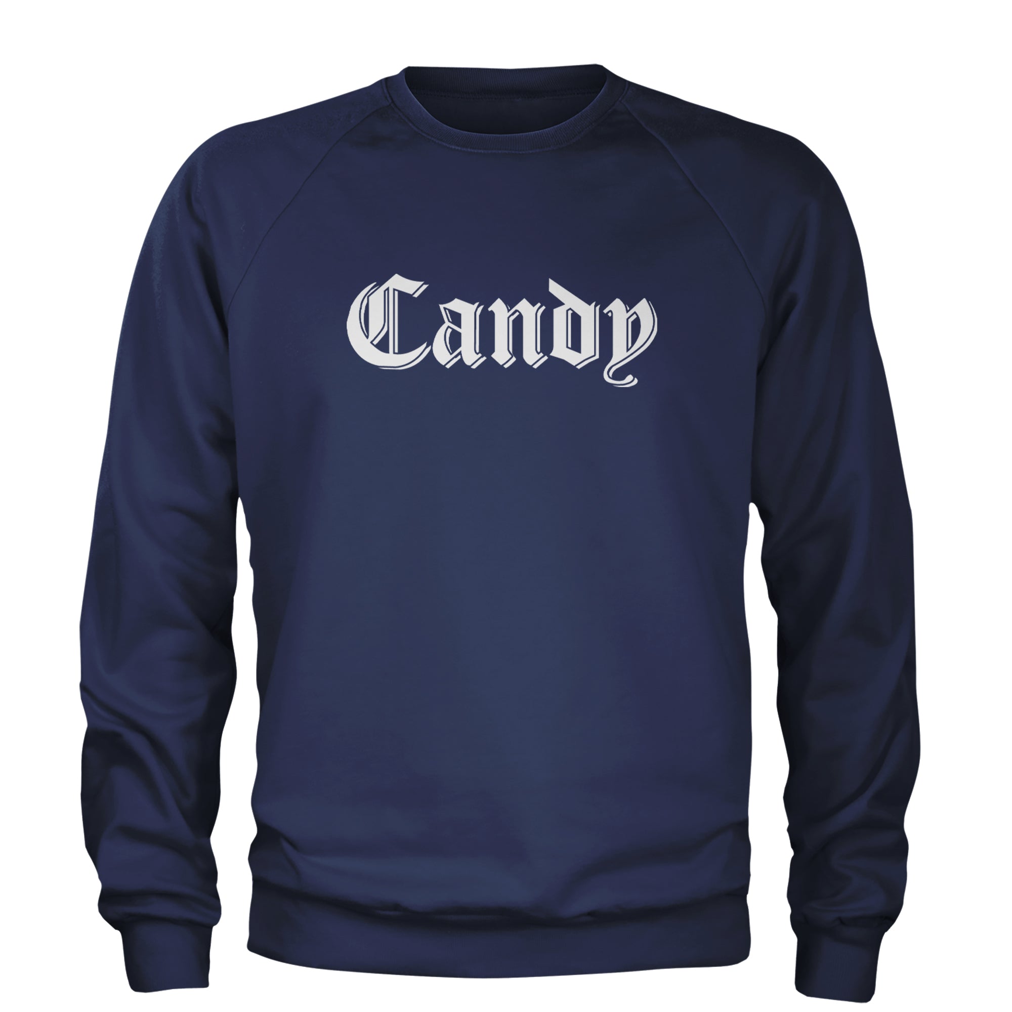 Candy Gothic Lettering Adult Crewneck Sweatshirt Navy Blue