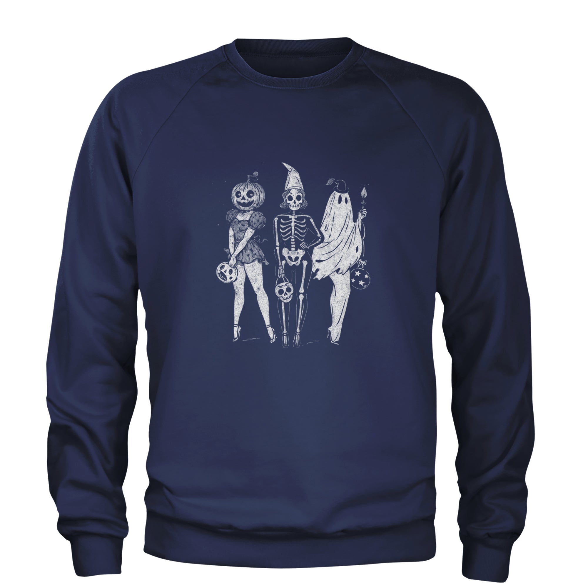 Vintage Spooky Squad Pinup Halloween Design Adult Crewneck Sweatshirt Navy Blue