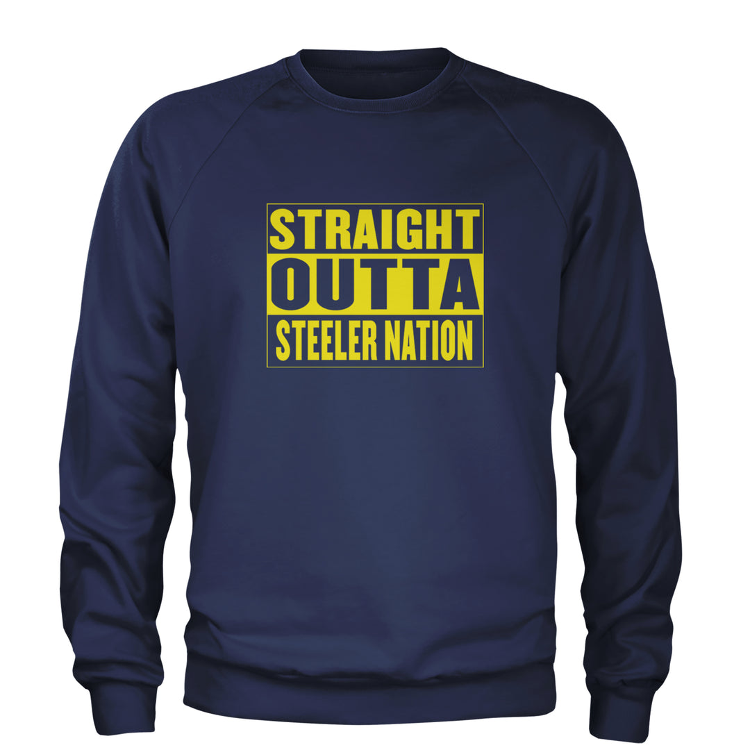 Straight Outta Steeler Nation Football graphic on Unisex Heavyweight Fleece Crewneck Sweatshirt in Navy Blue