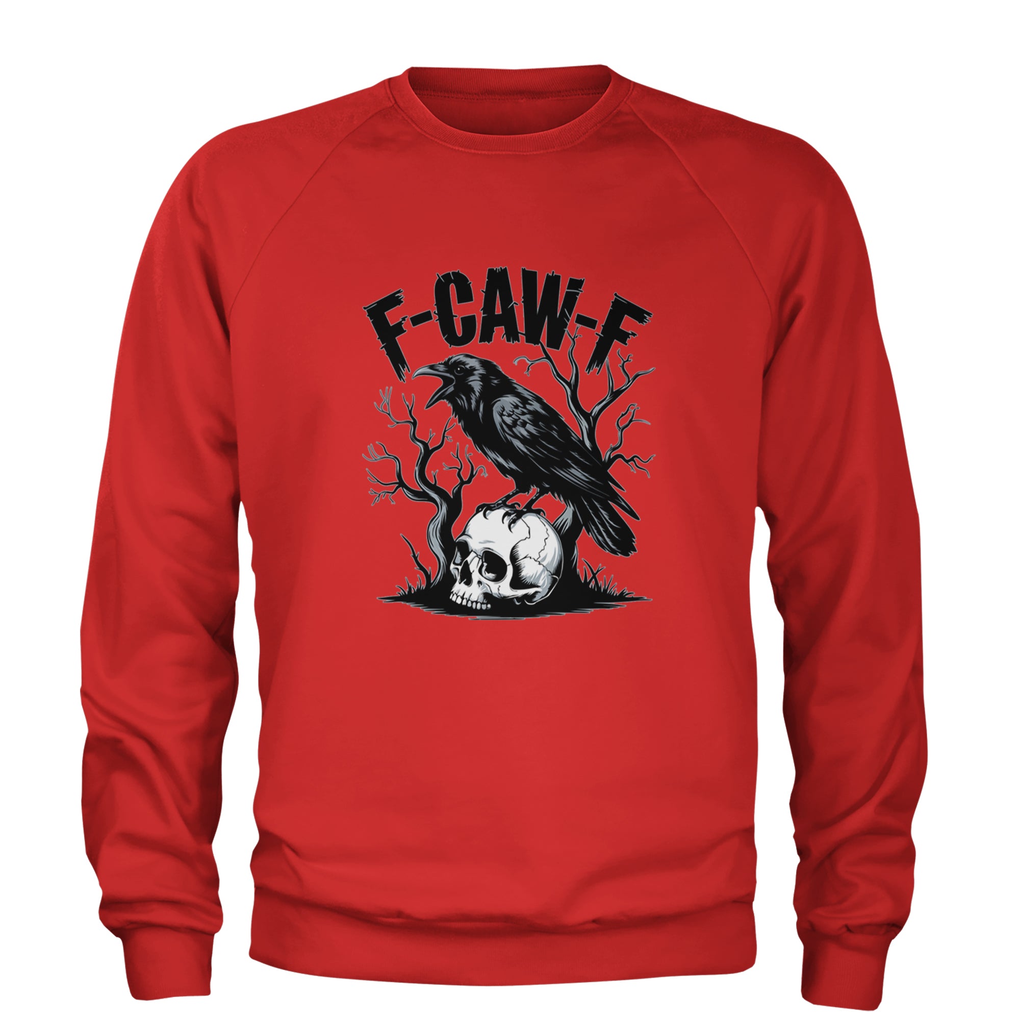 F-Caw-F Crow On Skull F-ck Off Gothic Adult Crewneck Sweatshirt Red