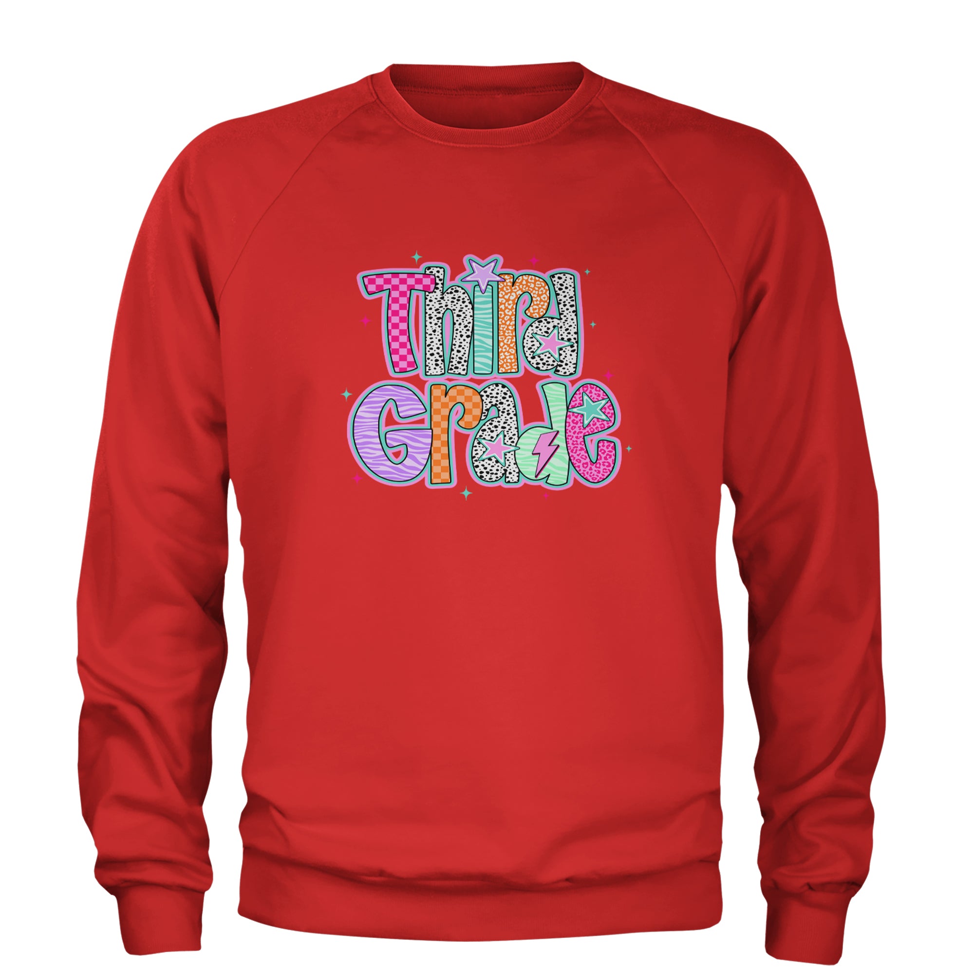 Third Grade Thunder Colorful Back to School Adult Crewneck Sweatshirt Red