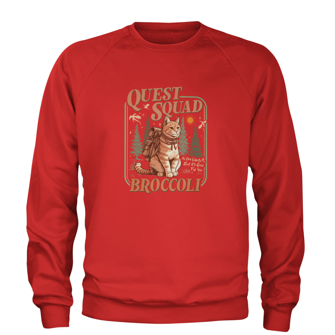 Quest Squad Broccoli Cat Fantasy Reader  Adult Crewneck Sweatshirt Red