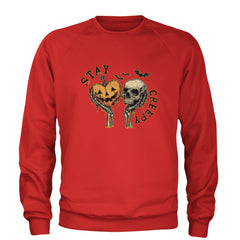 Stay Creepy Skull and Pumpkin Halloween Adult Crewneck Sweatshirt Red
