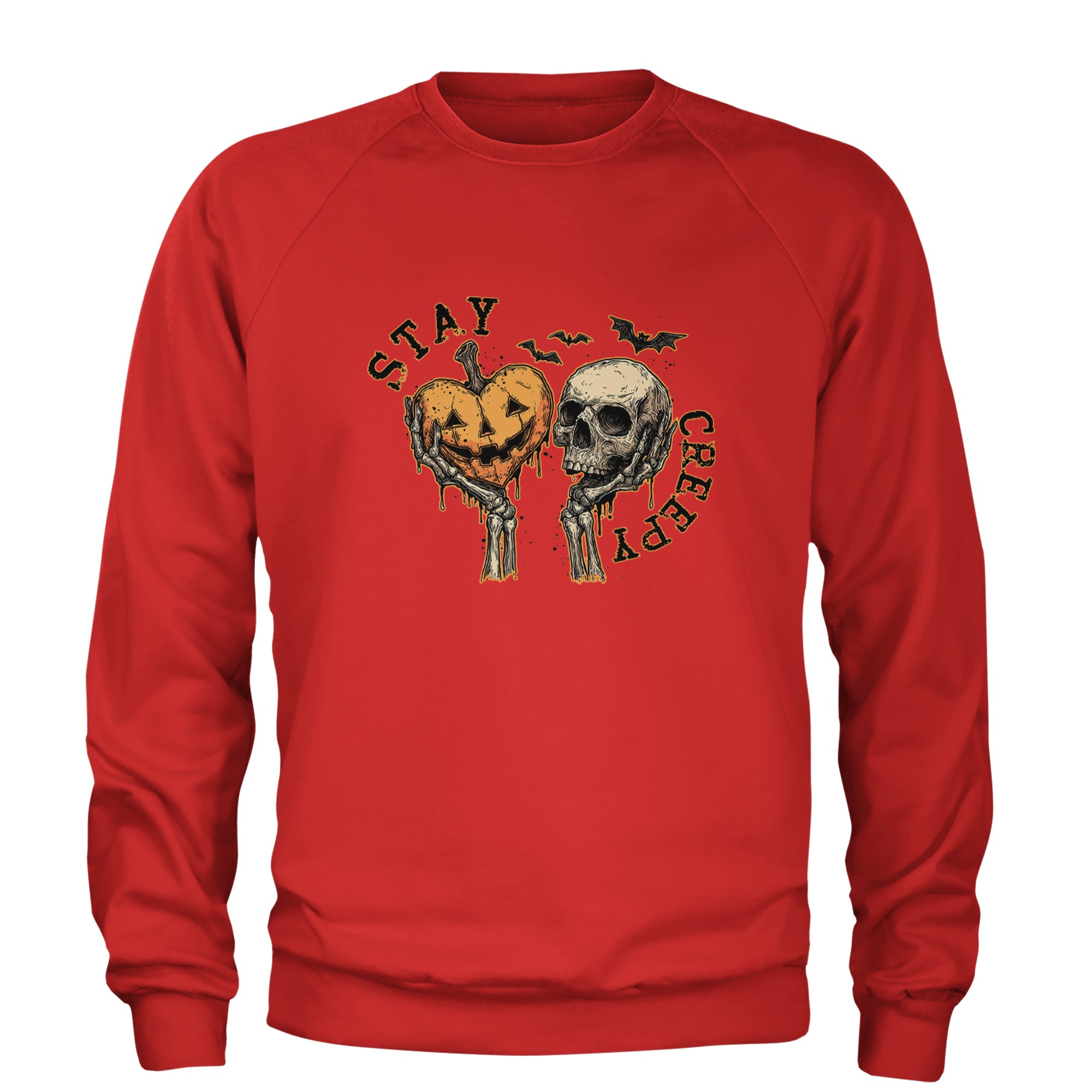 Stay Creepy Skull and Pumpkin Halloween Adult Crewneck Sweatshirt Red