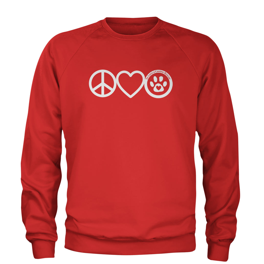 Peace, Love and TLC Dog Rescue Adult Crewneck Sweatshirt Red