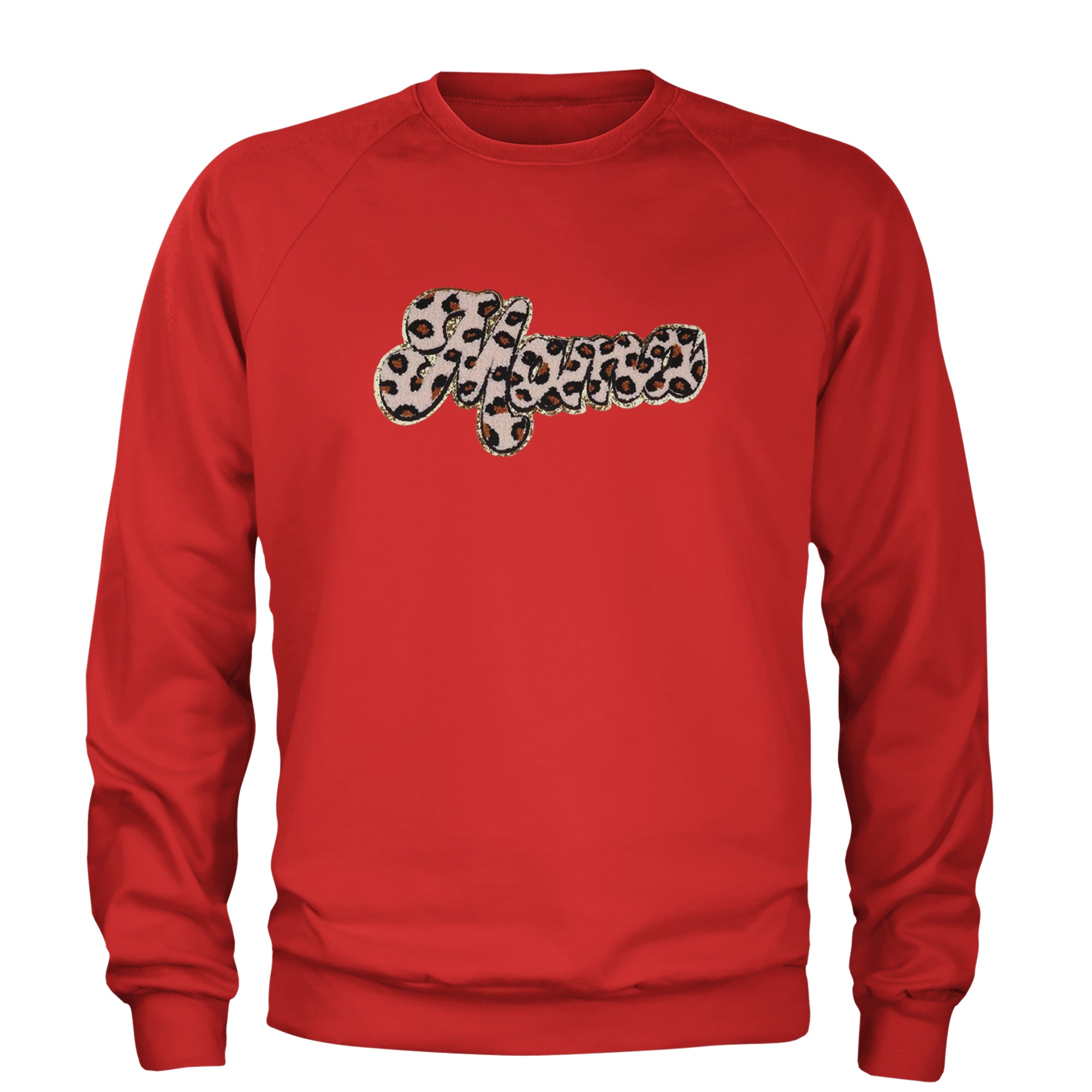 Mama Cheetah Print Glitter Chenille Patch Adult Crewneck Sweatshirt Red