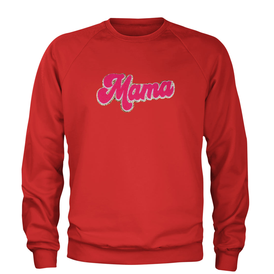 Mama Hot Pink Glitter Chenille Patch Adult Crewneck Sweatshirt Red