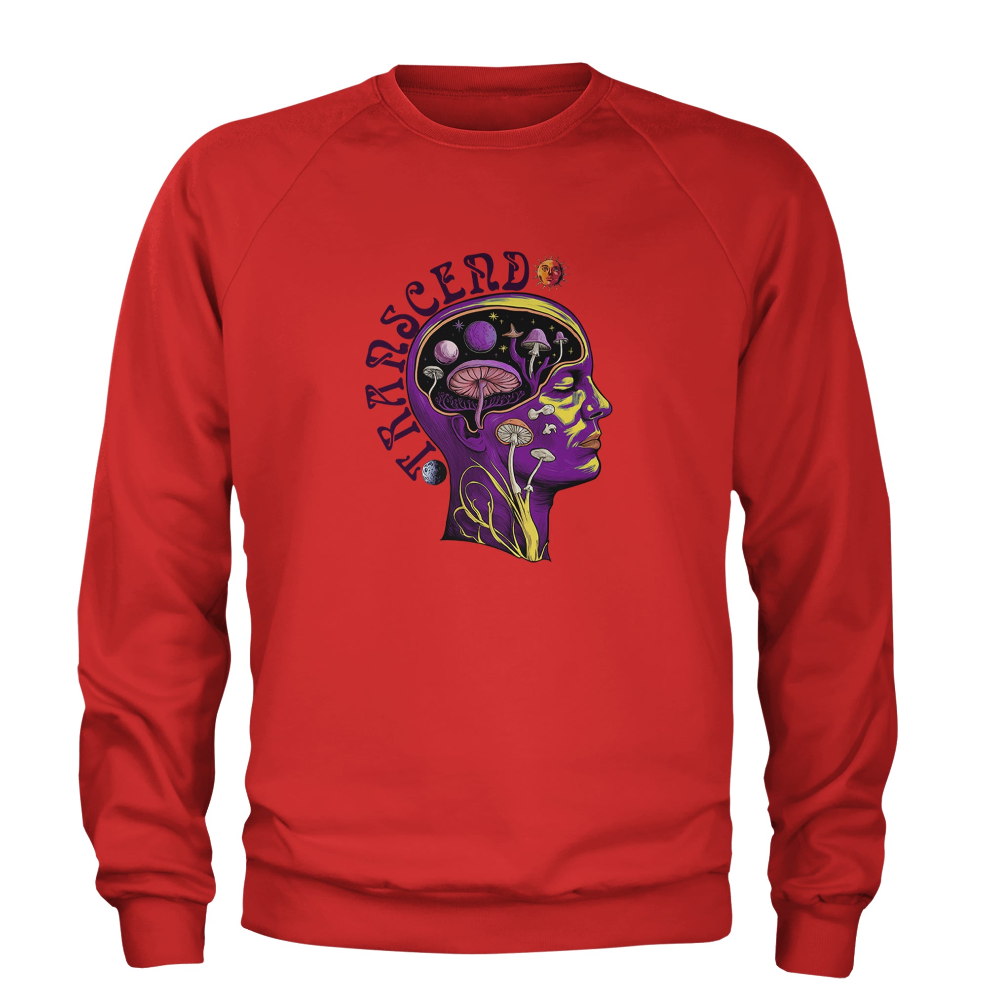 Psychedelic Cosmic Mushroom Head Adult Crewneck Sweatshirt Red