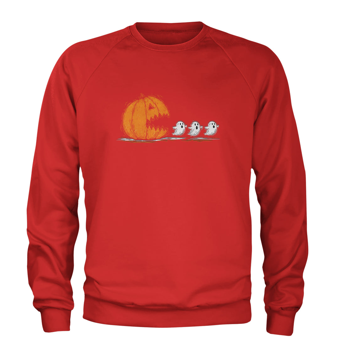 Pumpkin Pacman Chasing Ghosts Halloween Adult Crewneck Sweatshirt Red