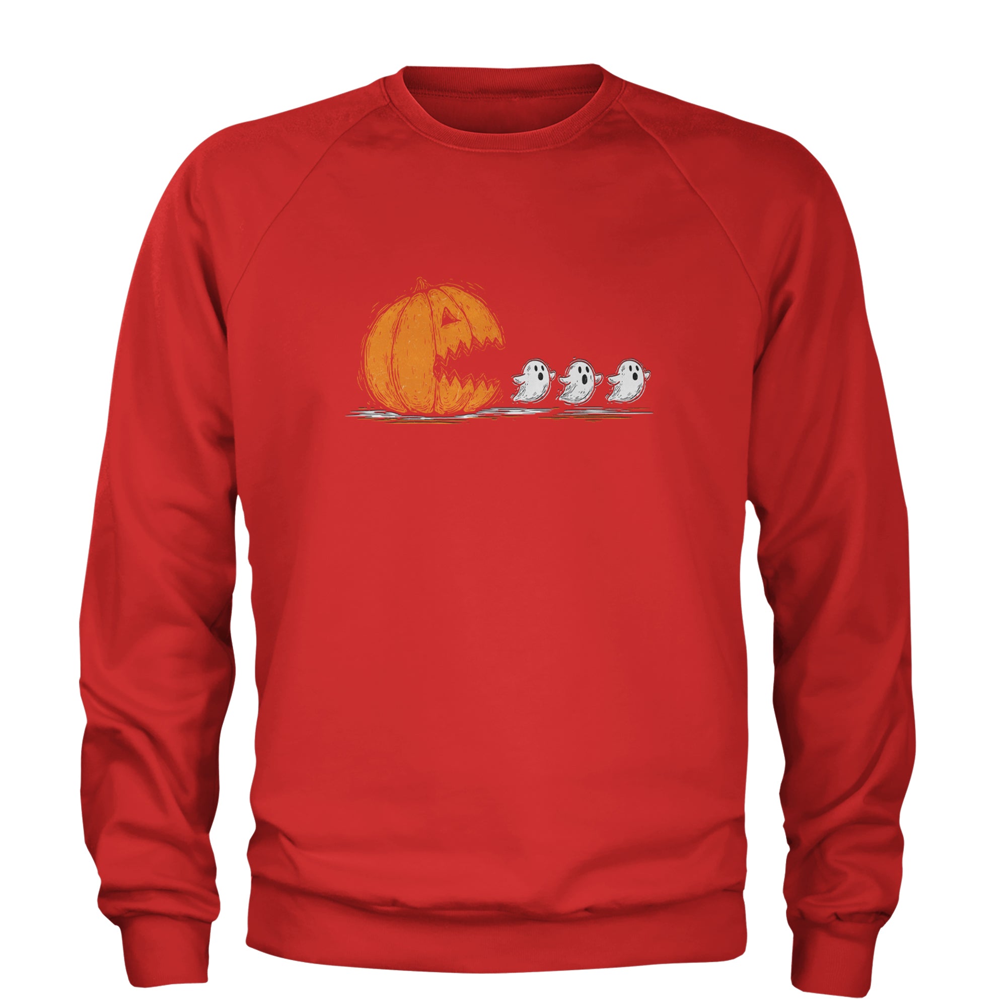 Pumpkin Pacman Chasing Ghosts Halloween Adult Crewneck Sweatshirt Red