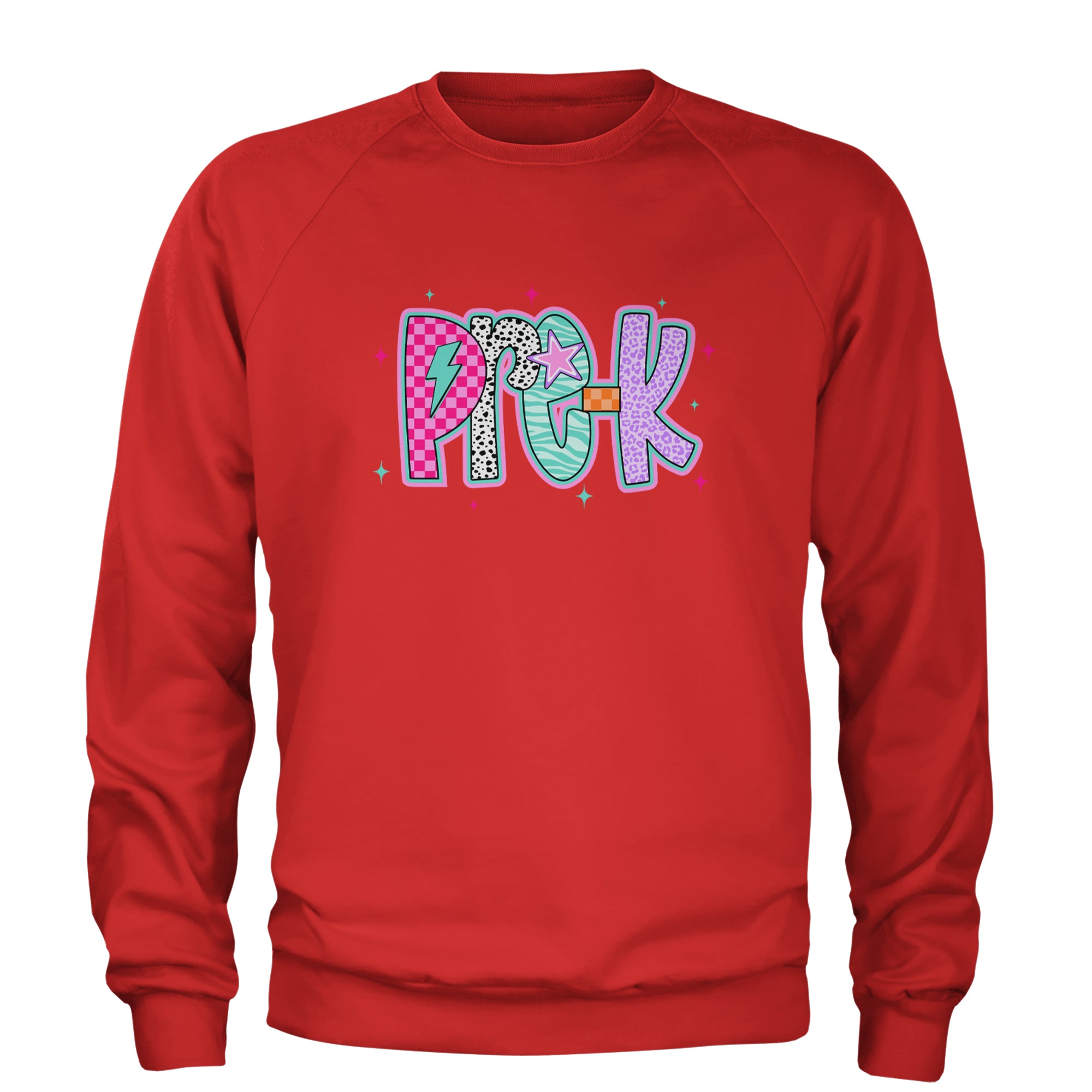 Pre-K Party Time Colorful Back to School Adult Crewneck Sweatshirt Red