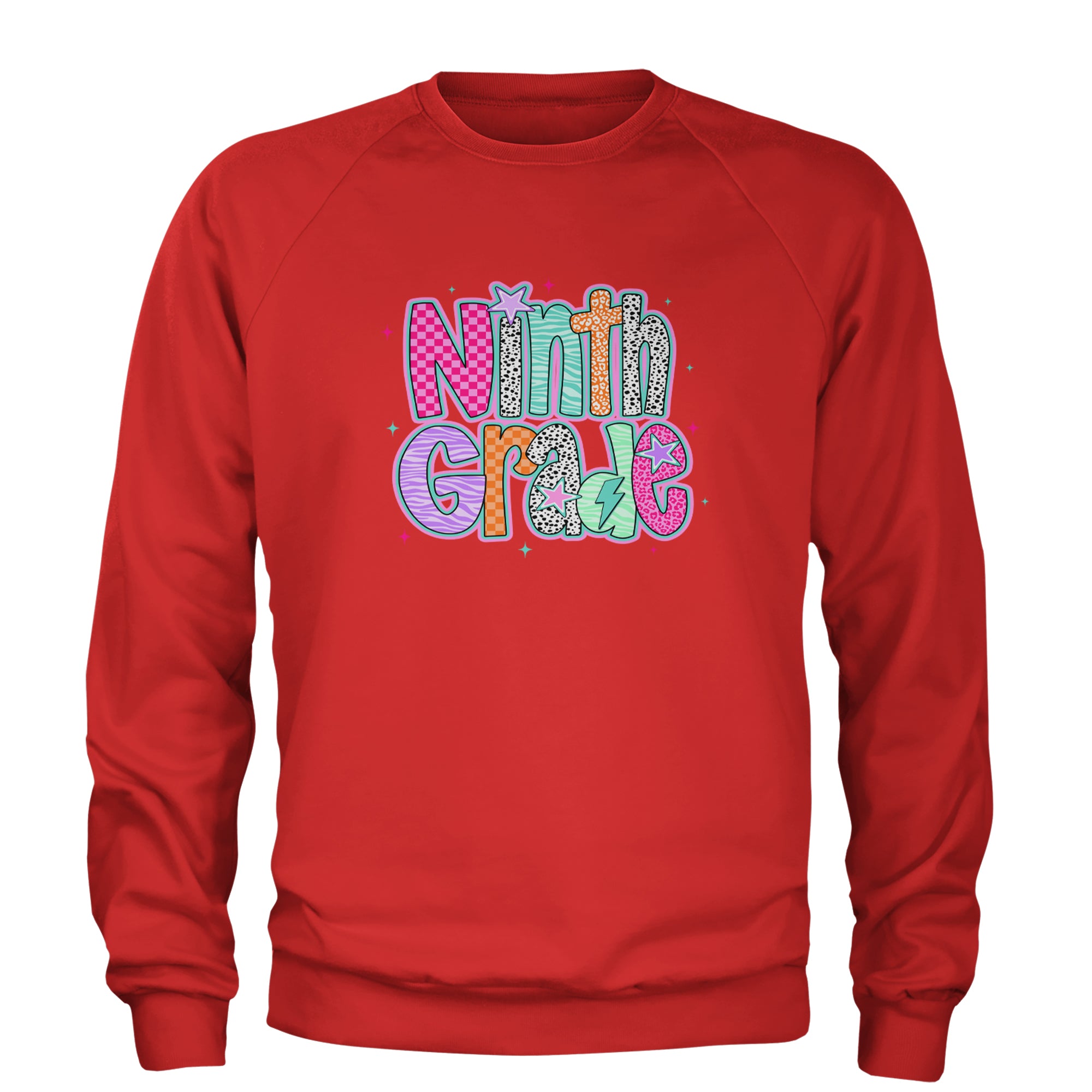 Ninth Grade Freshman Vibes Colorful Back to School Adult Crewneck Sweatshirt Red