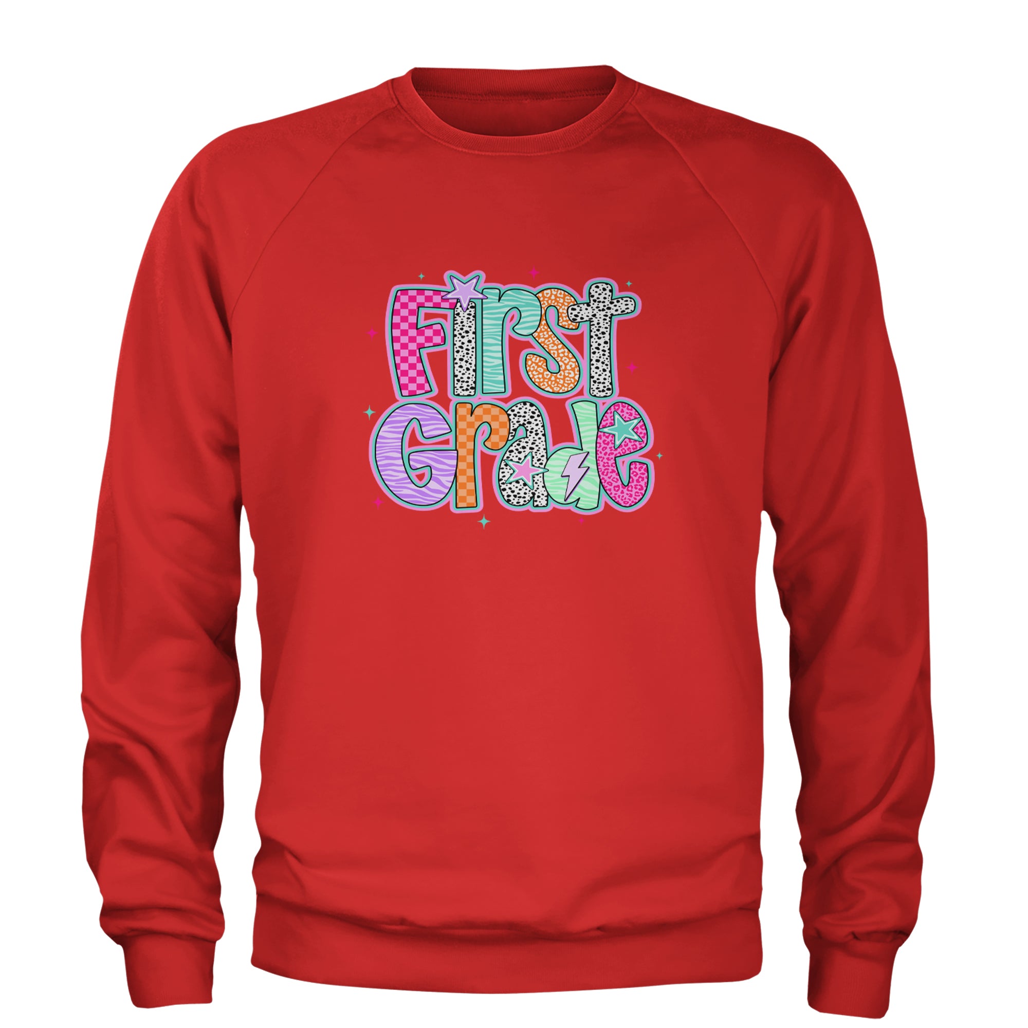 First Grade Vibes Colorful Back to School Adult Crewneck Sweatshirt Red