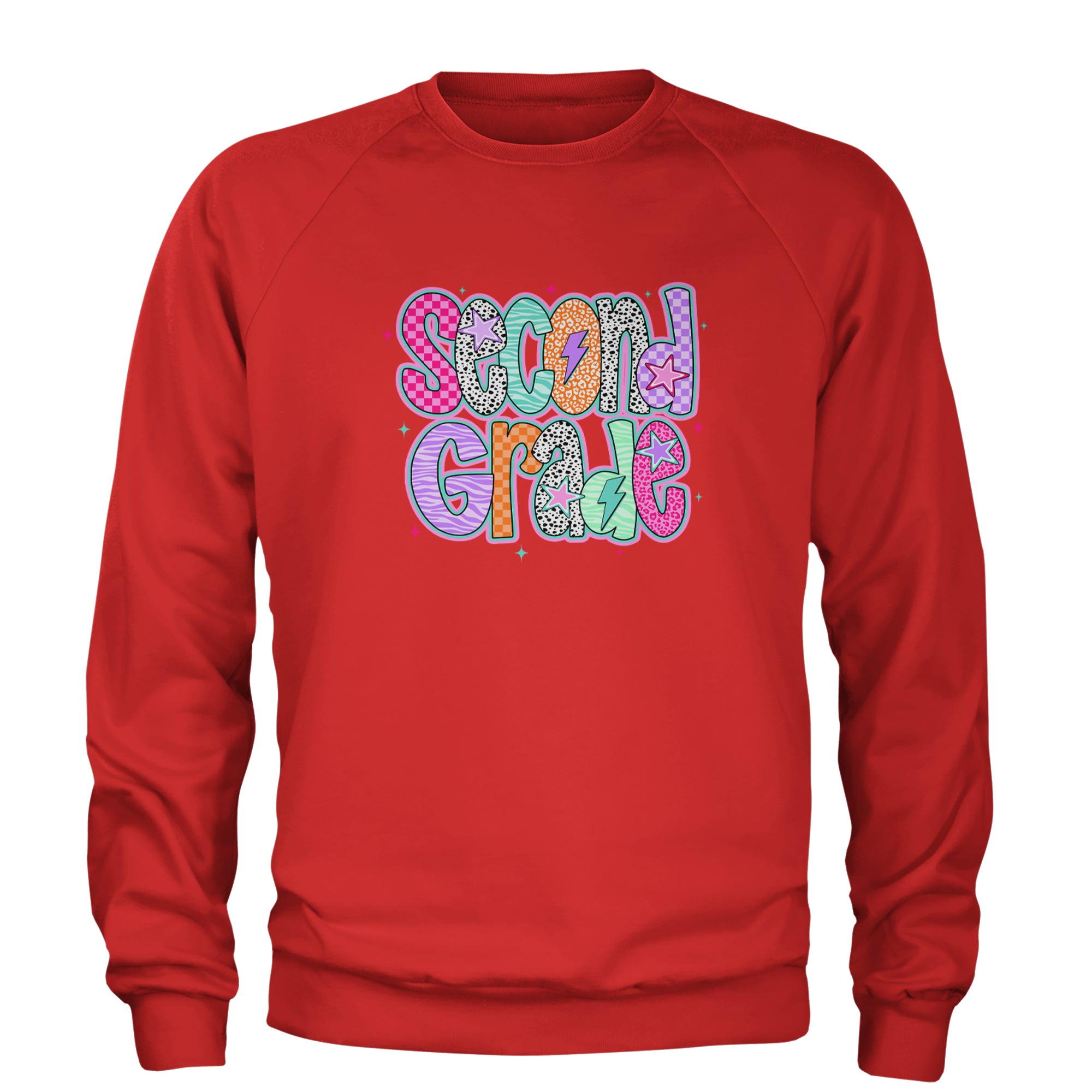 Second Grade Star Colorful Back to School Adult Crewneck Sweatshirt Red
