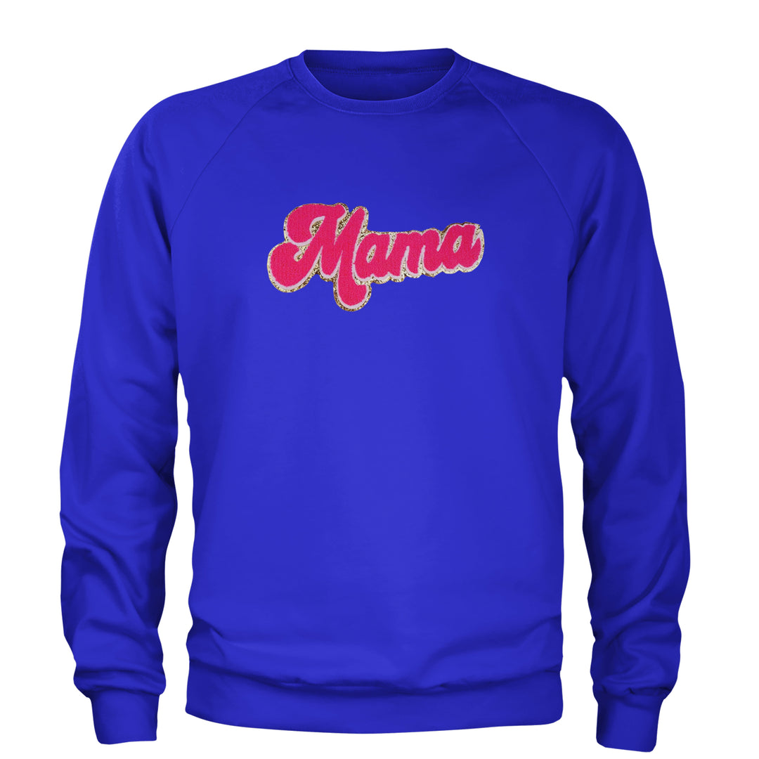 Mama Hot Pink Glitter Chenille Patch Adult Crewneck Sweatshirt Royal Blue
