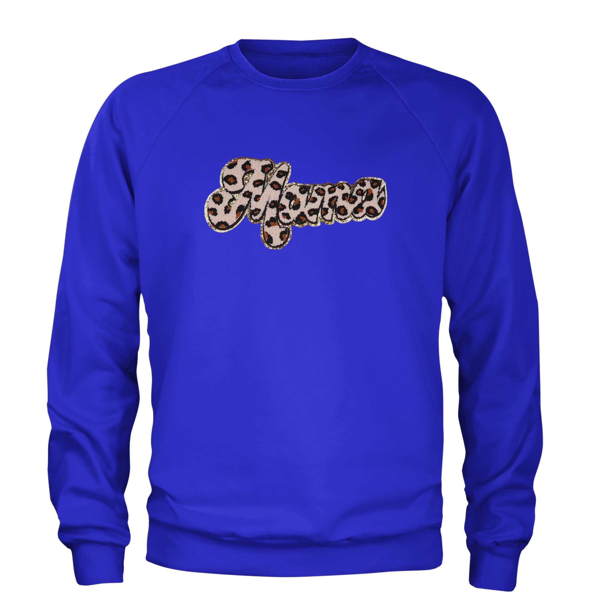 Mama Cheetah Print Glitter Chenille Patch Adult Crewneck Sweatshirt Royal Blue
