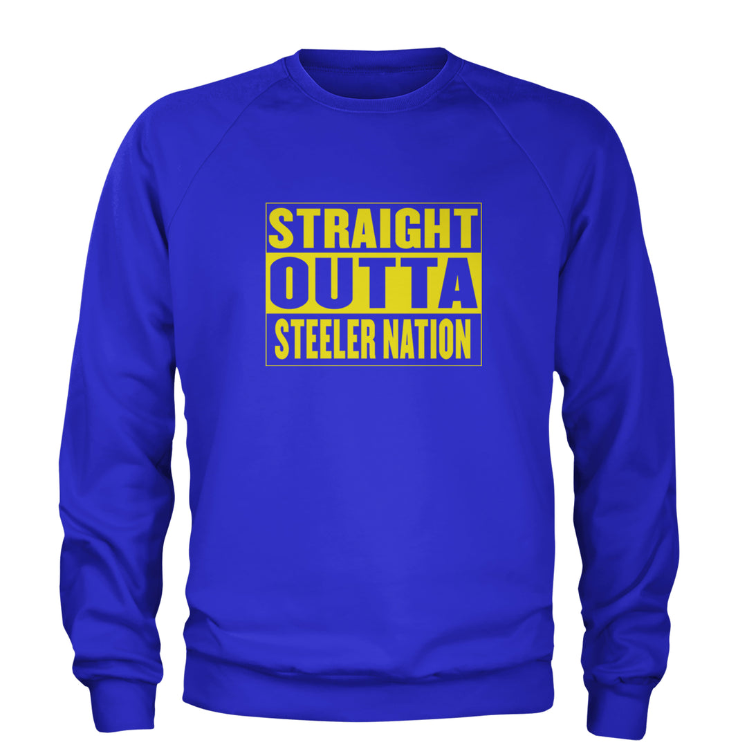 Straight Outta Steeler Nation Football graphic on Unisex Heavyweight Fleece Crewneck Sweatshirt in Royal Blue