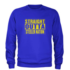 Straight Outta Steeler Nation Football graphic on Unisex Heavyweight Fleece Crewneck Sweatshirt in Royal Blue