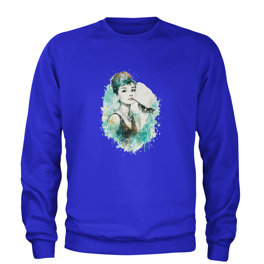 Mrs. Herpburn Iconic Watercolors Adult Crewneck Sweatshirt Royal Blue