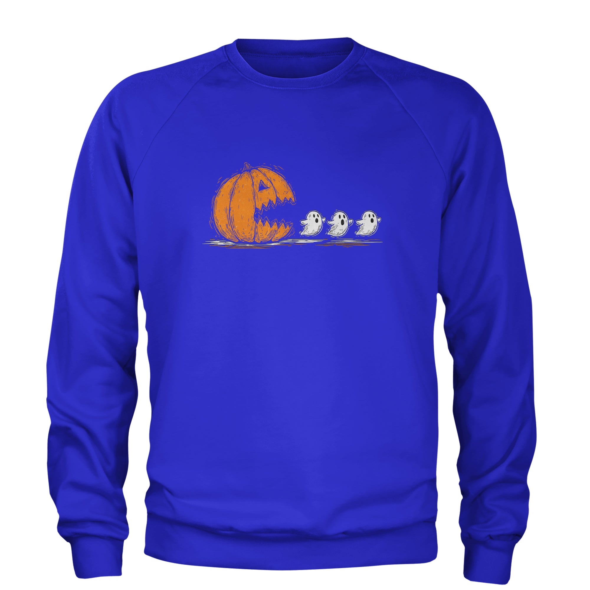 Pumpkin Pacman Chasing Ghosts Halloween Adult Crewneck Sweatshirt Royal Blue