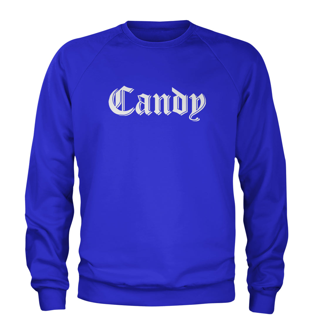 Candy Gothic Lettering Adult Crewneck Sweatshirt Royal Blue