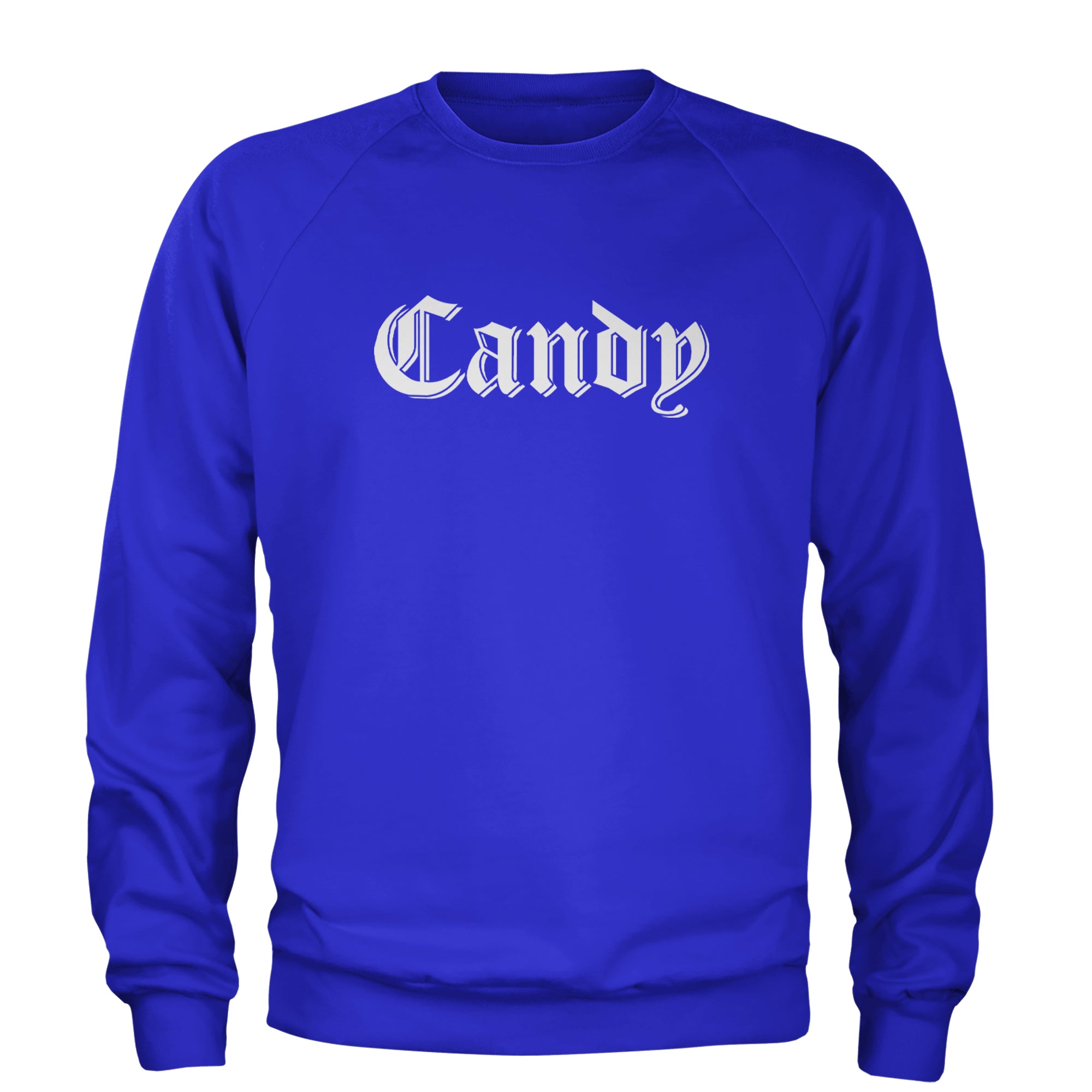 Candy Gothic Lettering Adult Crewneck Sweatshirt Royal Blue