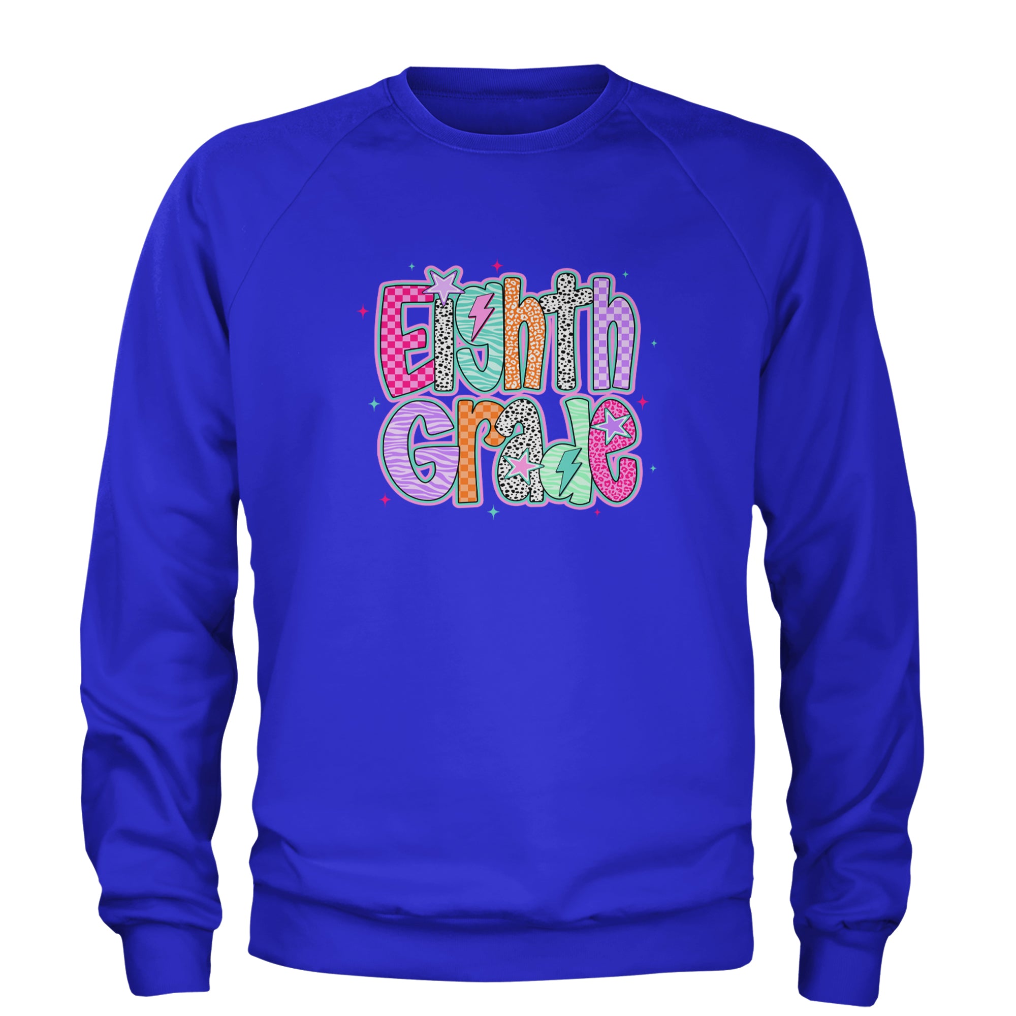 Eighth Grade Energy Colorful Back to School Adult Crewneck Sweatshirt Royal Blue