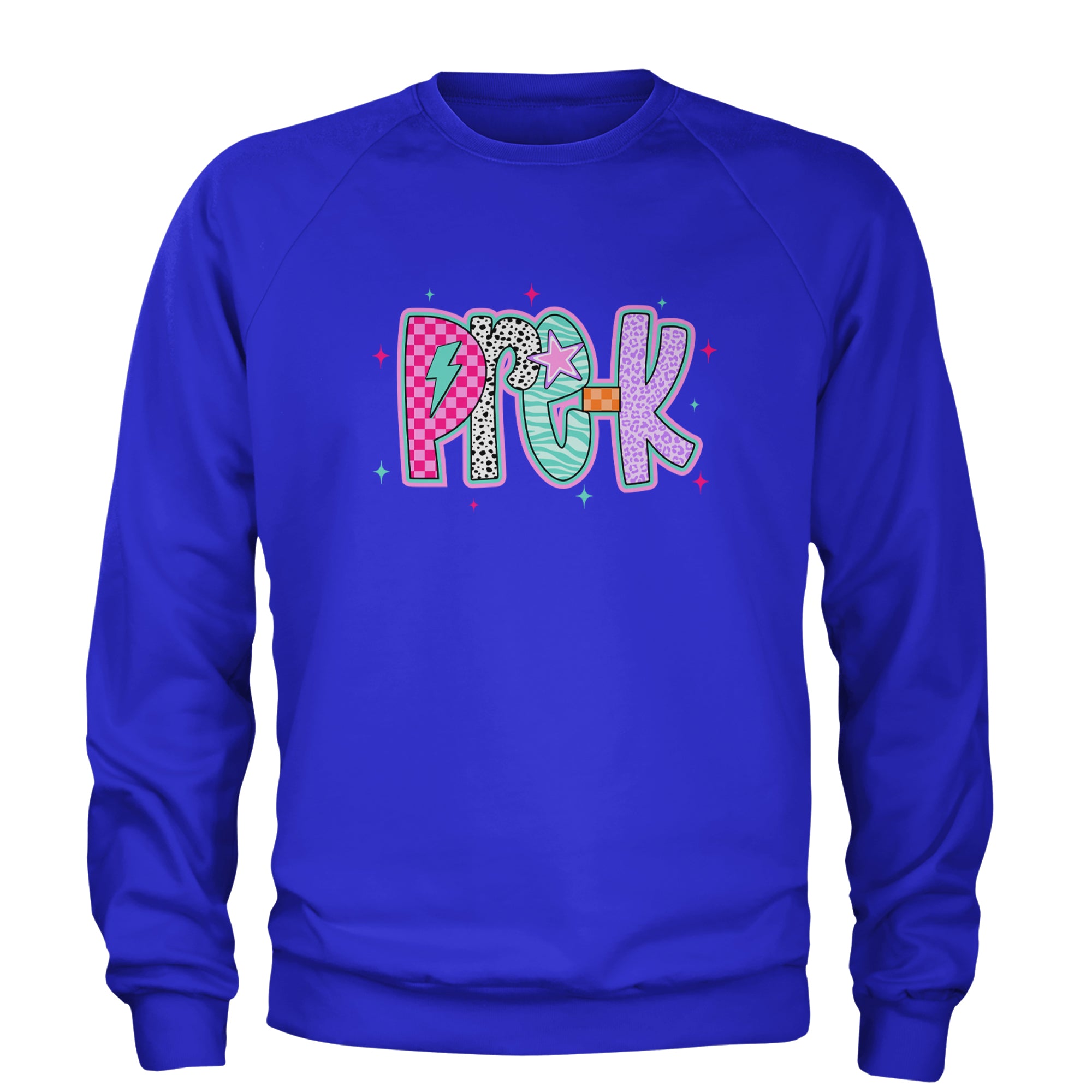 Pre-K Party Time Colorful Back to School Adult Crewneck Sweatshirt Royal Blue