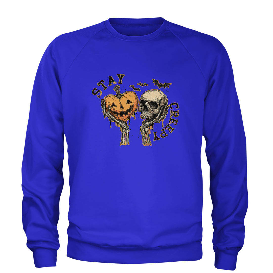 Stay Creepy Skull and Pumpkin Halloween Adult Crewneck Sweatshirt Royal Blue