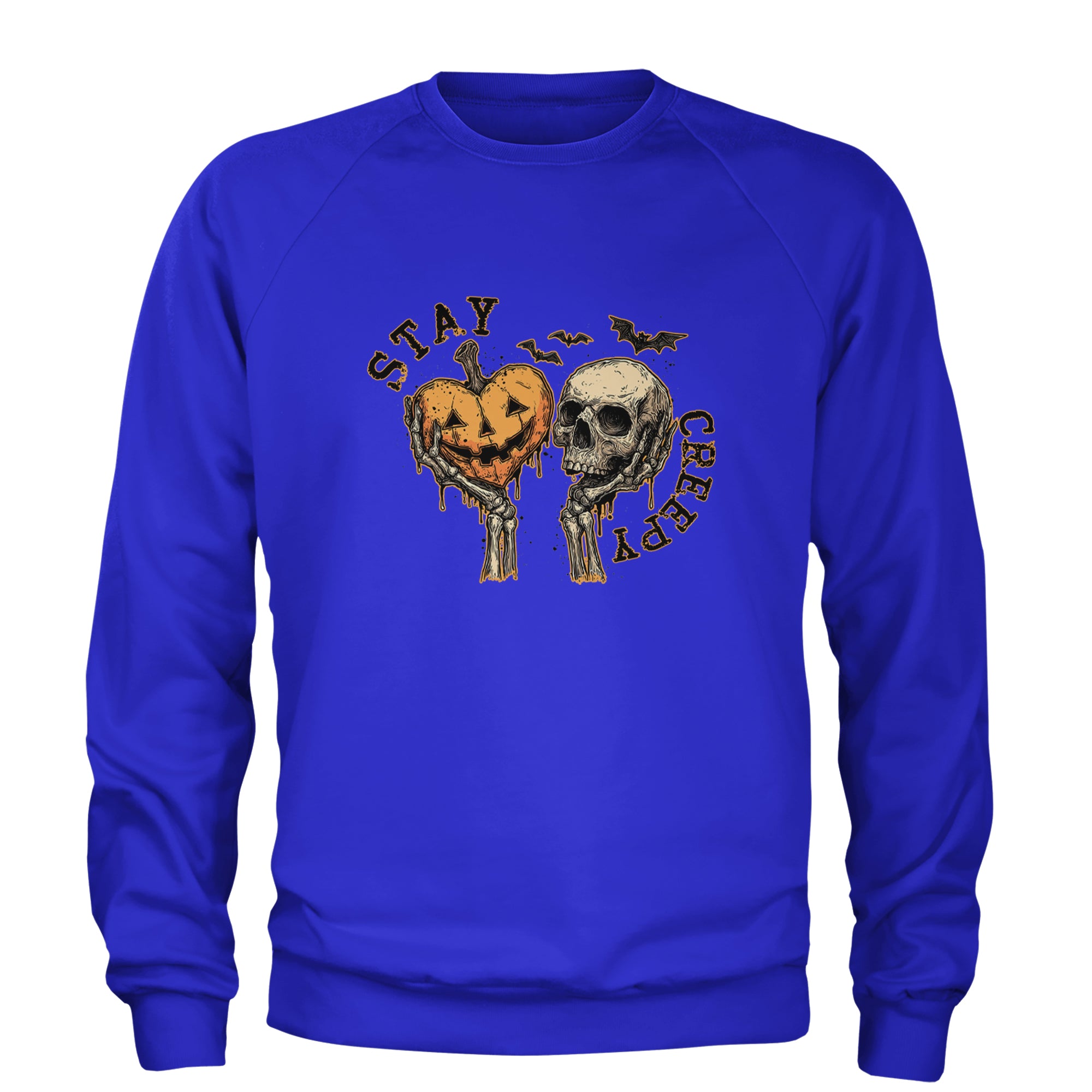 Stay Creepy Skull and Pumpkin Halloween Adult Crewneck Sweatshirt Royal Blue