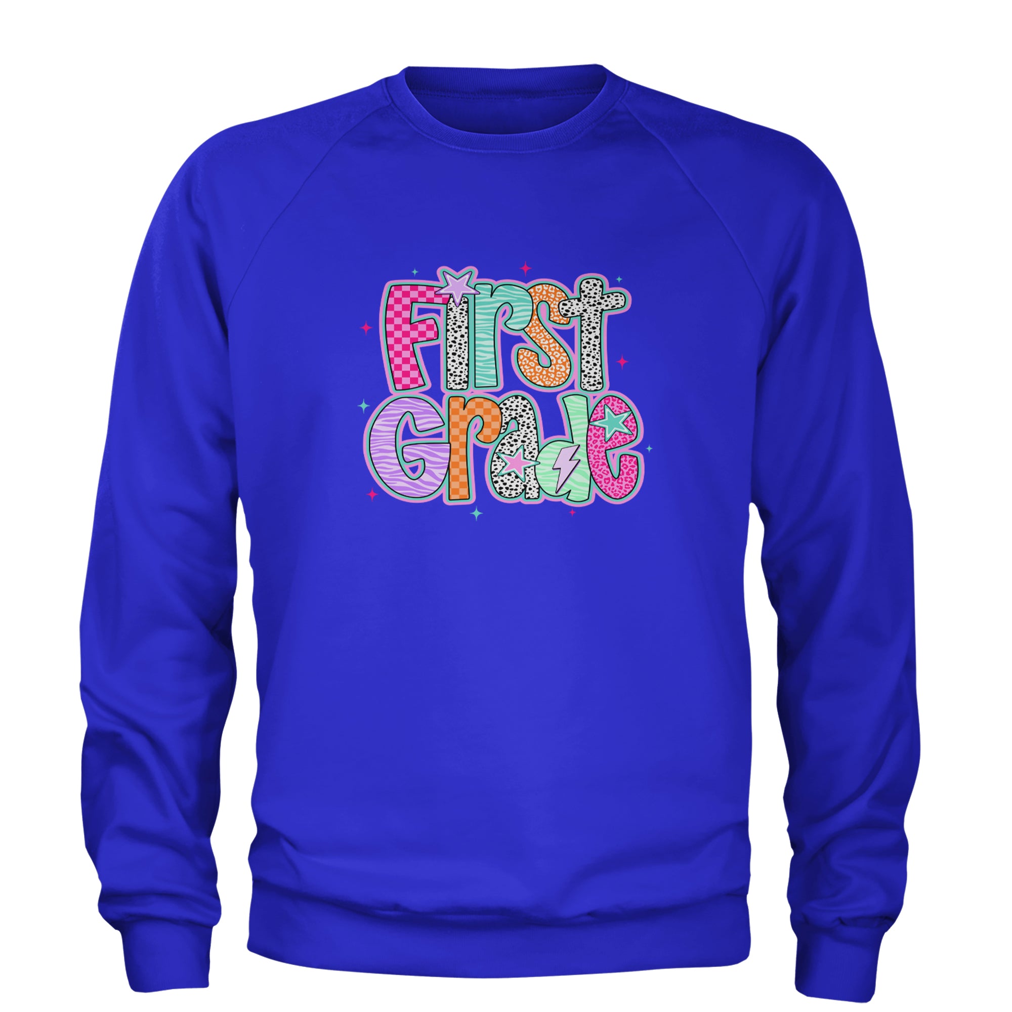 First Grade Vibes Colorful Back to School Adult Crewneck Sweatshirt Royal Blue