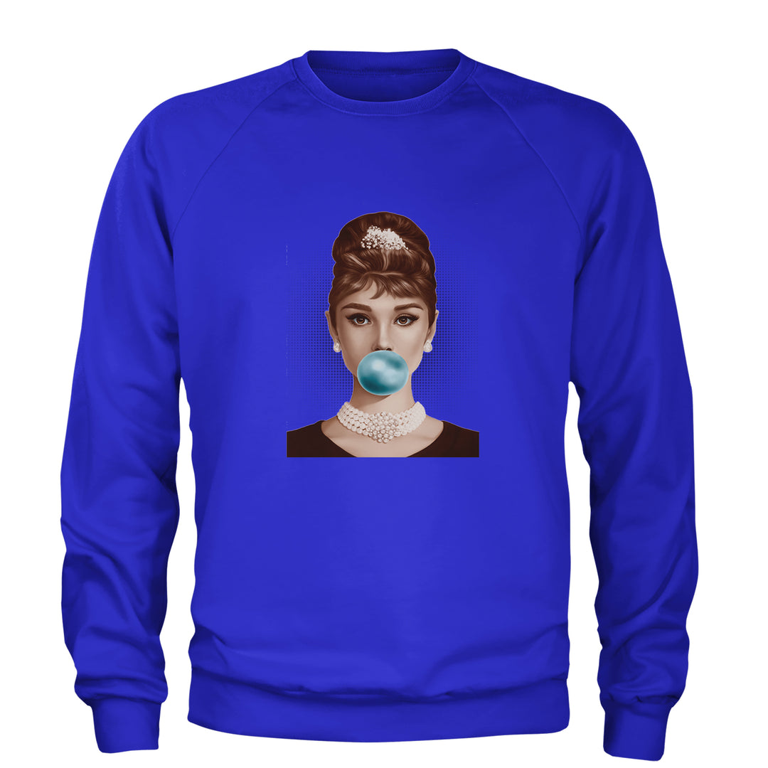 Audrey Hepburn Chewing Bubble Gum American Icon Adult Crewneck Sweatshirt Royal Blue