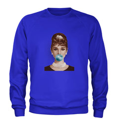 Audrey Hepburn Chewing Bubble Gum American Icon Adult Crewneck Sweatshirt Royal Blue