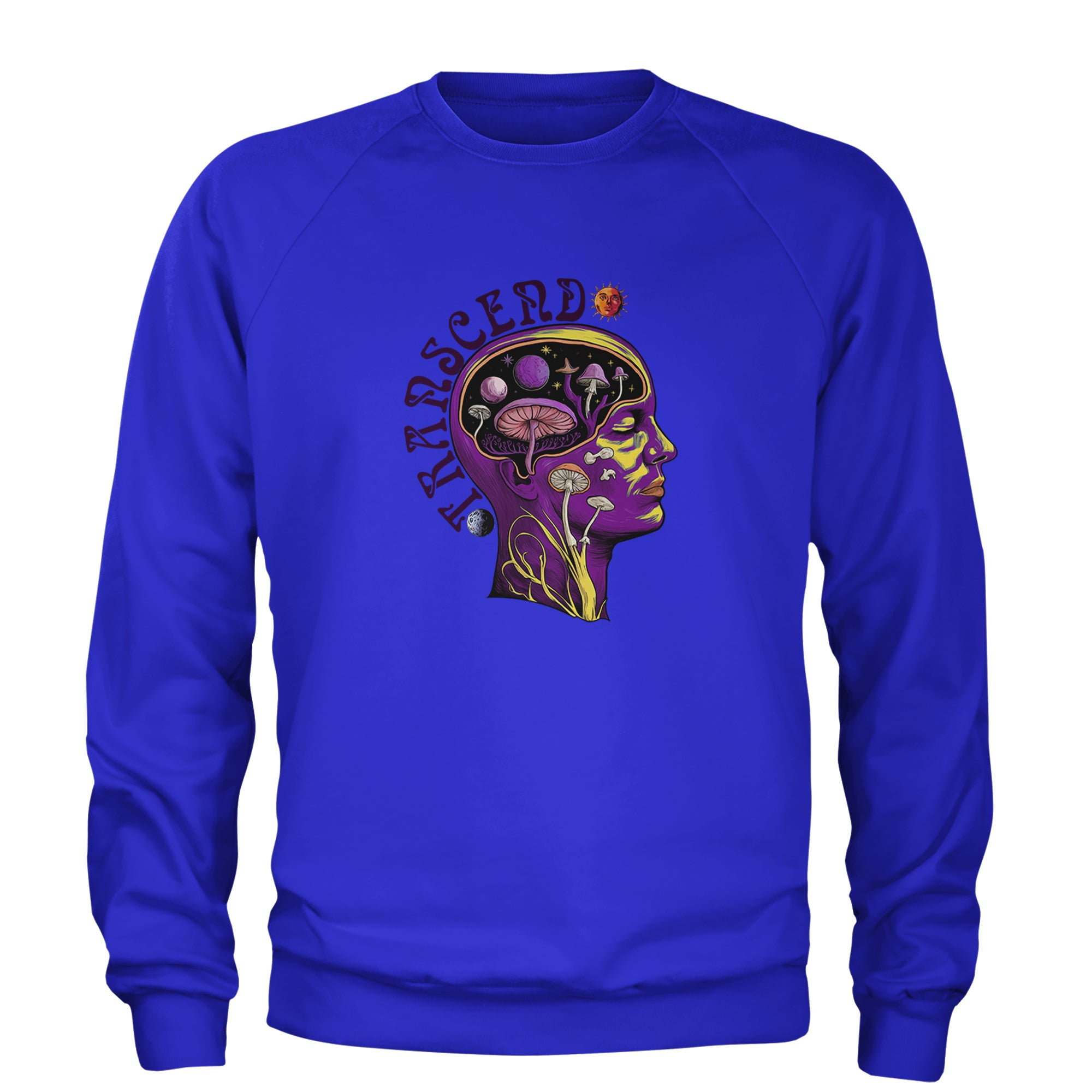 Psychedelic Cosmic Mushroom Head Adult Crewneck Sweatshirt Royal Blue