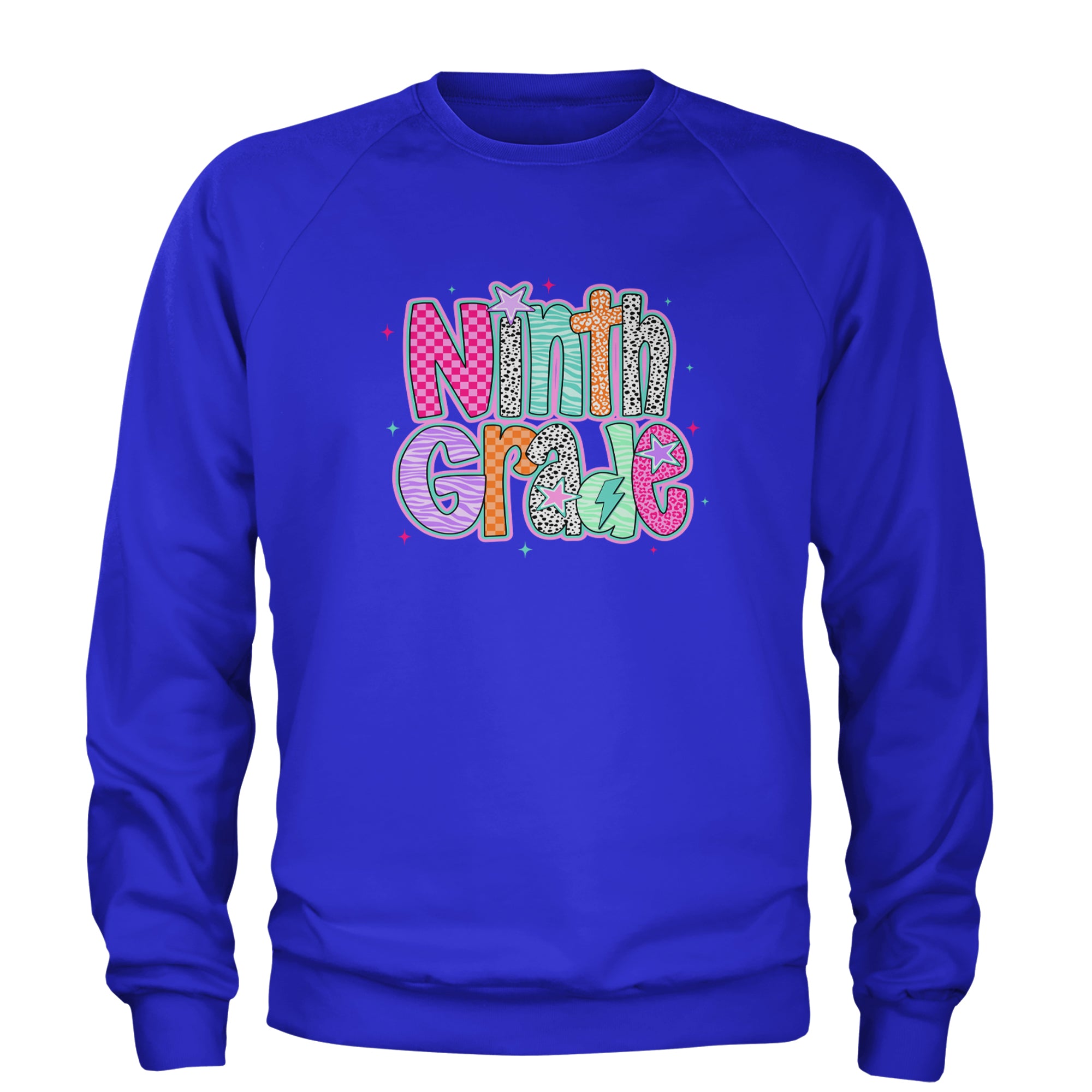 Ninth Grade Freshman Vibes Colorful Back to School Adult Crewneck Sweatshirt Royal Blue