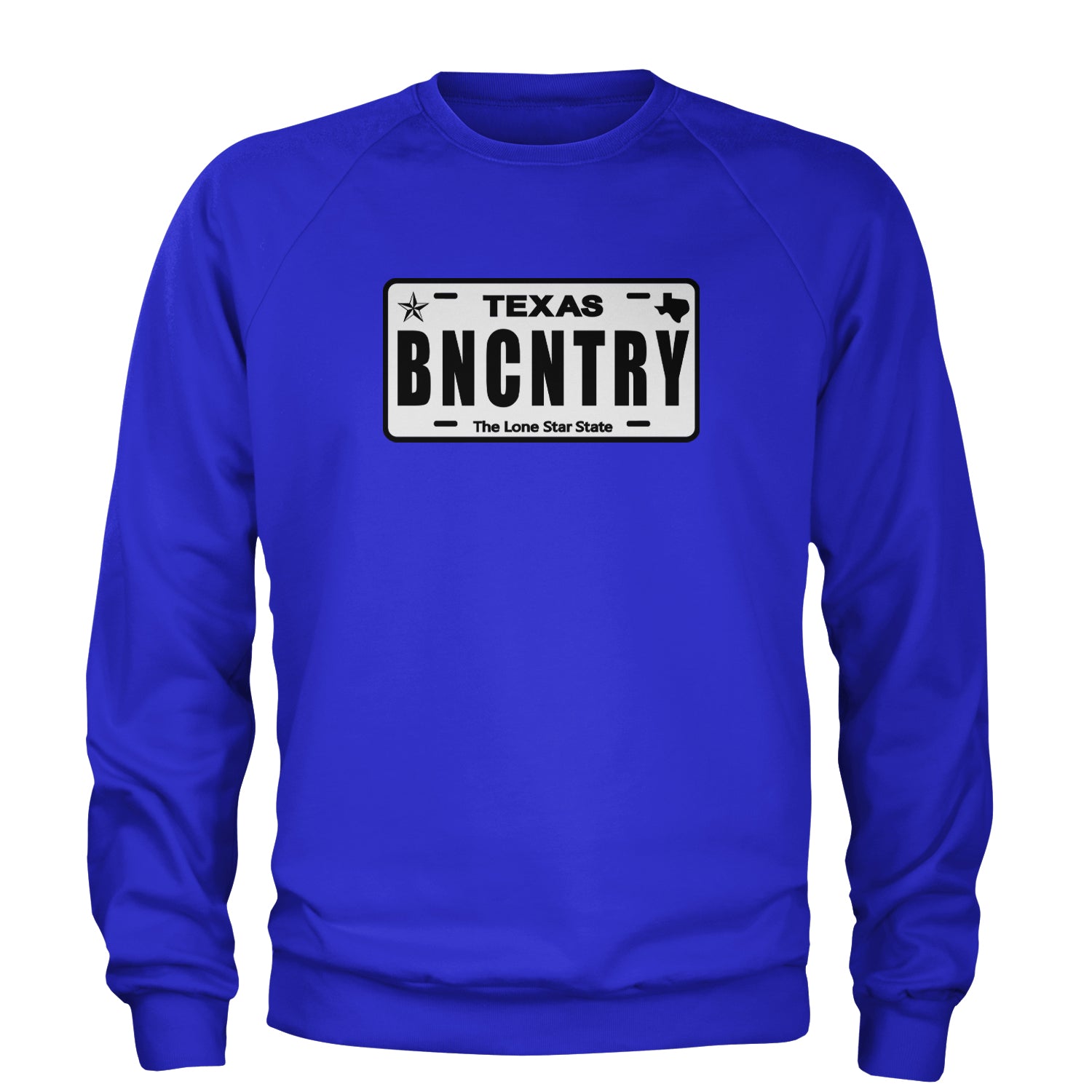 Texas License Plate BNCNTRY Adult Crewneck Sweatshirt Royal Blue