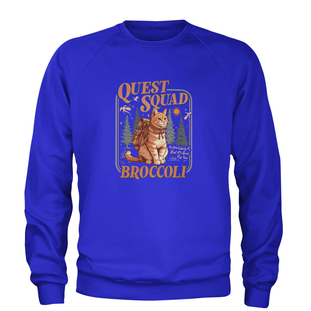 Quest Squad Broccoli Cat Fantasy Reader  Adult Crewneck Sweatshirt Royal Blue