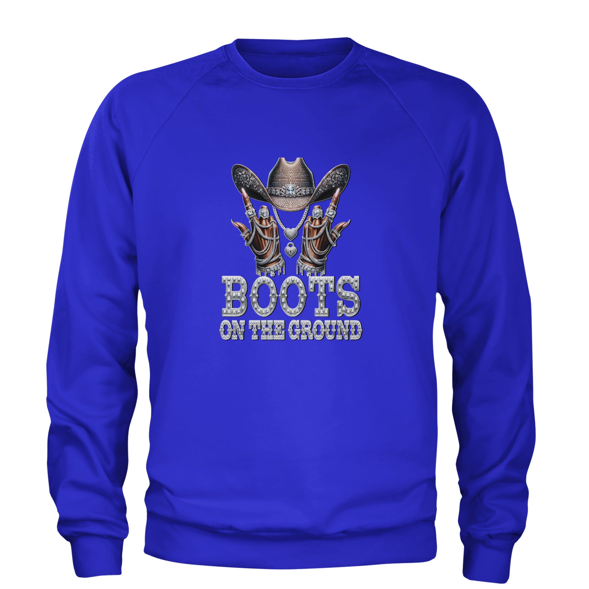 Boots On The Ground Bling Adult Crewneck Sweatshirt Royal Blue