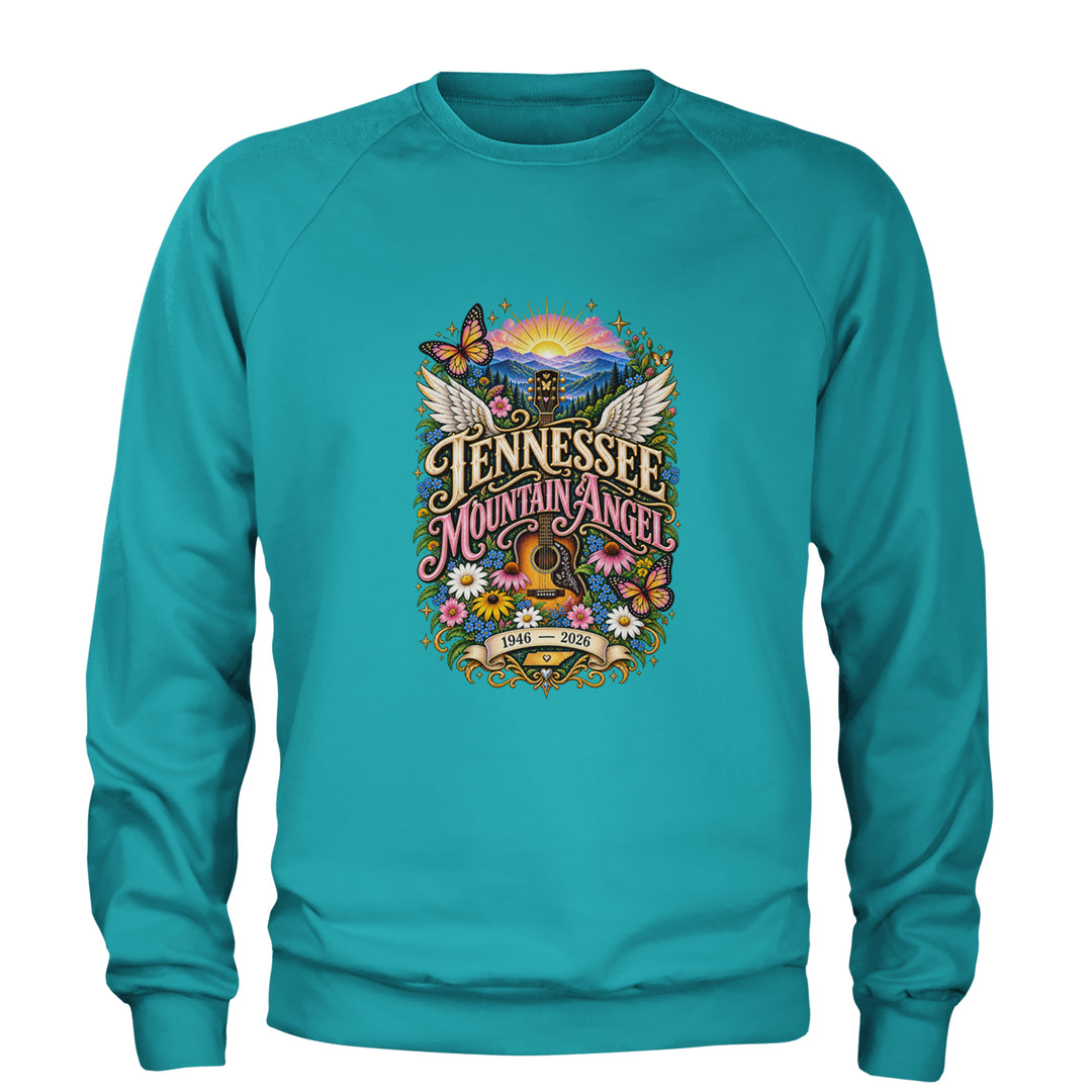 Tennessee Mountain Angel Wings Dolly Adult Crewneck Sweatshirt Teal