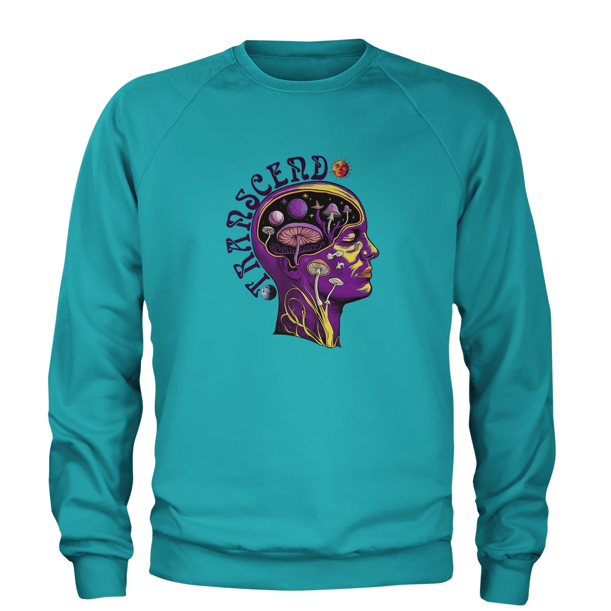 Psychedelic Cosmic Mushroom Head Adult Crewneck Sweatshirt Teal