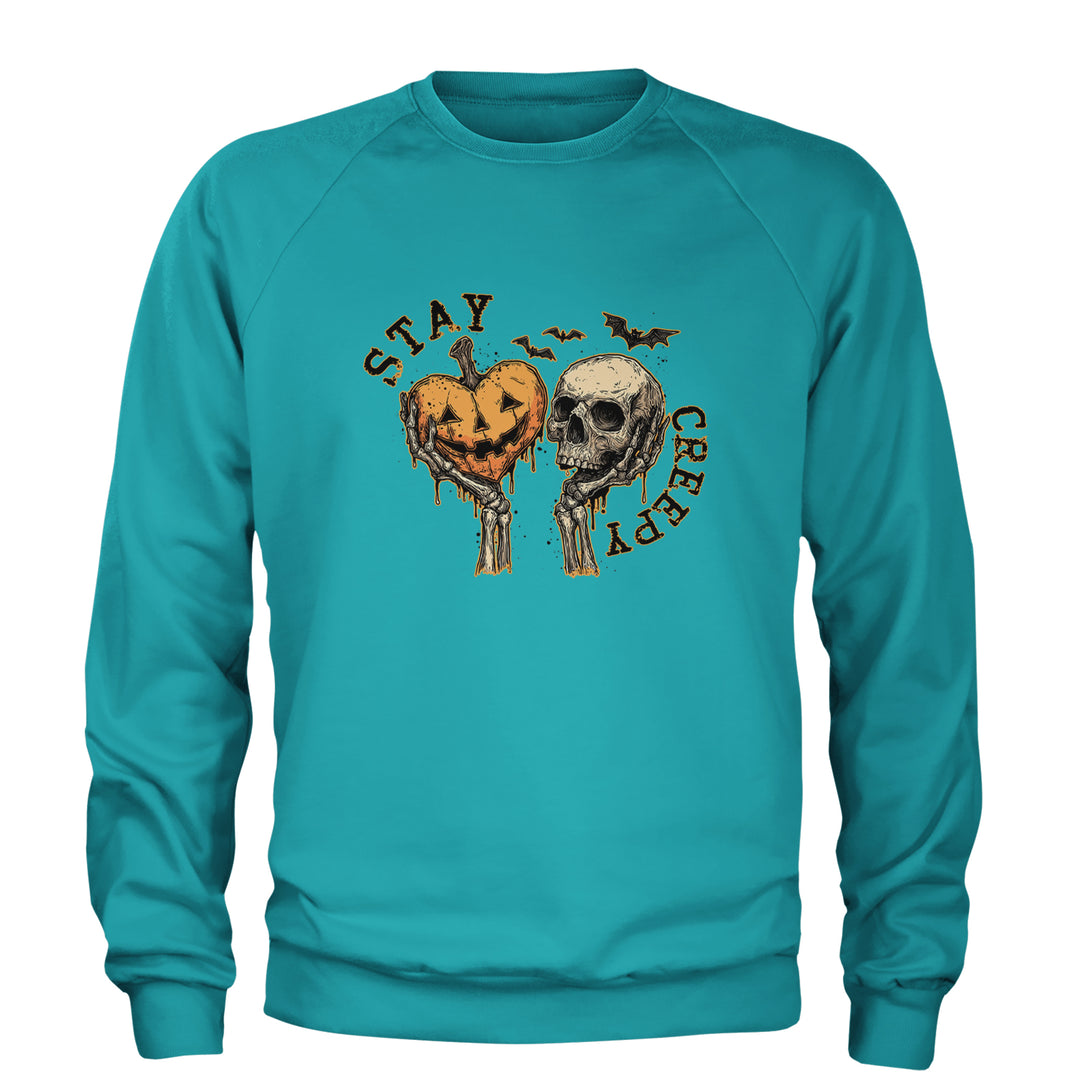 Stay Creepy Skull and Pumpkin Halloween Adult Crewneck Sweatshirt Teal