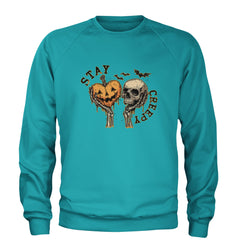 Stay Creepy Skull and Pumpkin Halloween Adult Crewneck Sweatshirt Teal