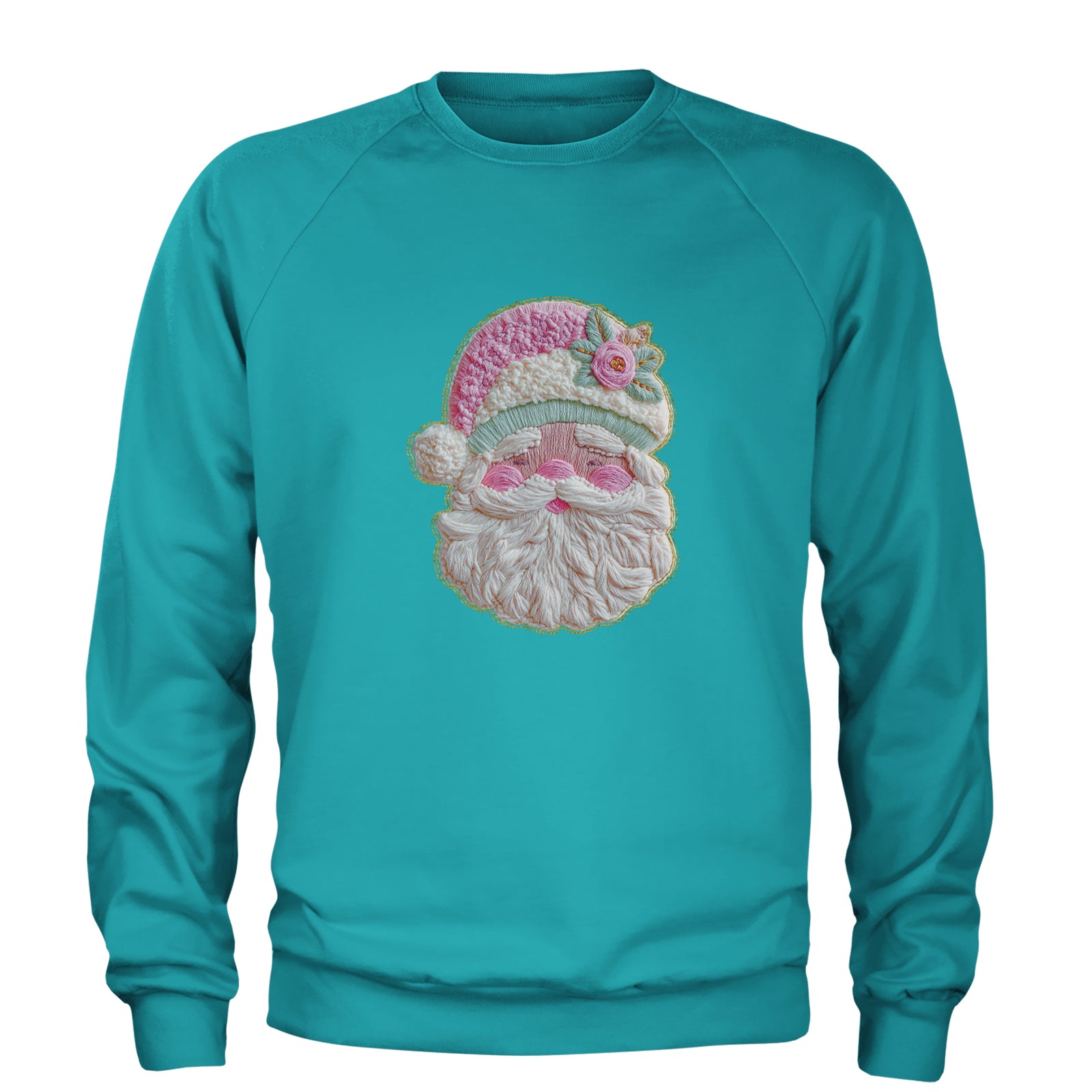 Vintage Santa Embroidery Art Soft Cottagecore Adult Crewneck Sweatshirt Teal